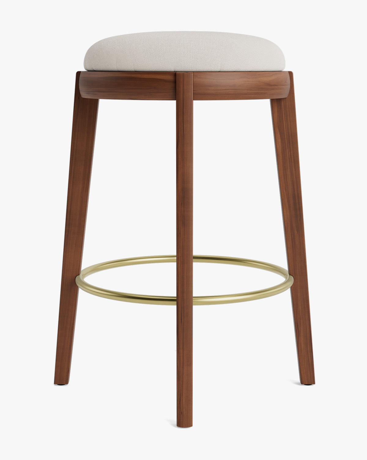 Tabouret de comptoir en bois chaud et cuir avec assise arrondie et repose-pieds en laiton pour salle à manger
