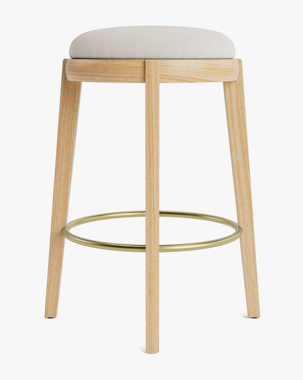 Tabouret de comptoir en bois chaud et cuir avec assise arrondie et repose-pieds en laiton pour salle à manger
