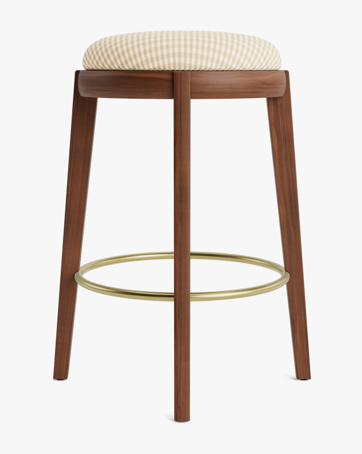 Tabouret de comptoir en bois chaud et cuir avec assise arrondie et repose-pieds en laiton pour salle à manger