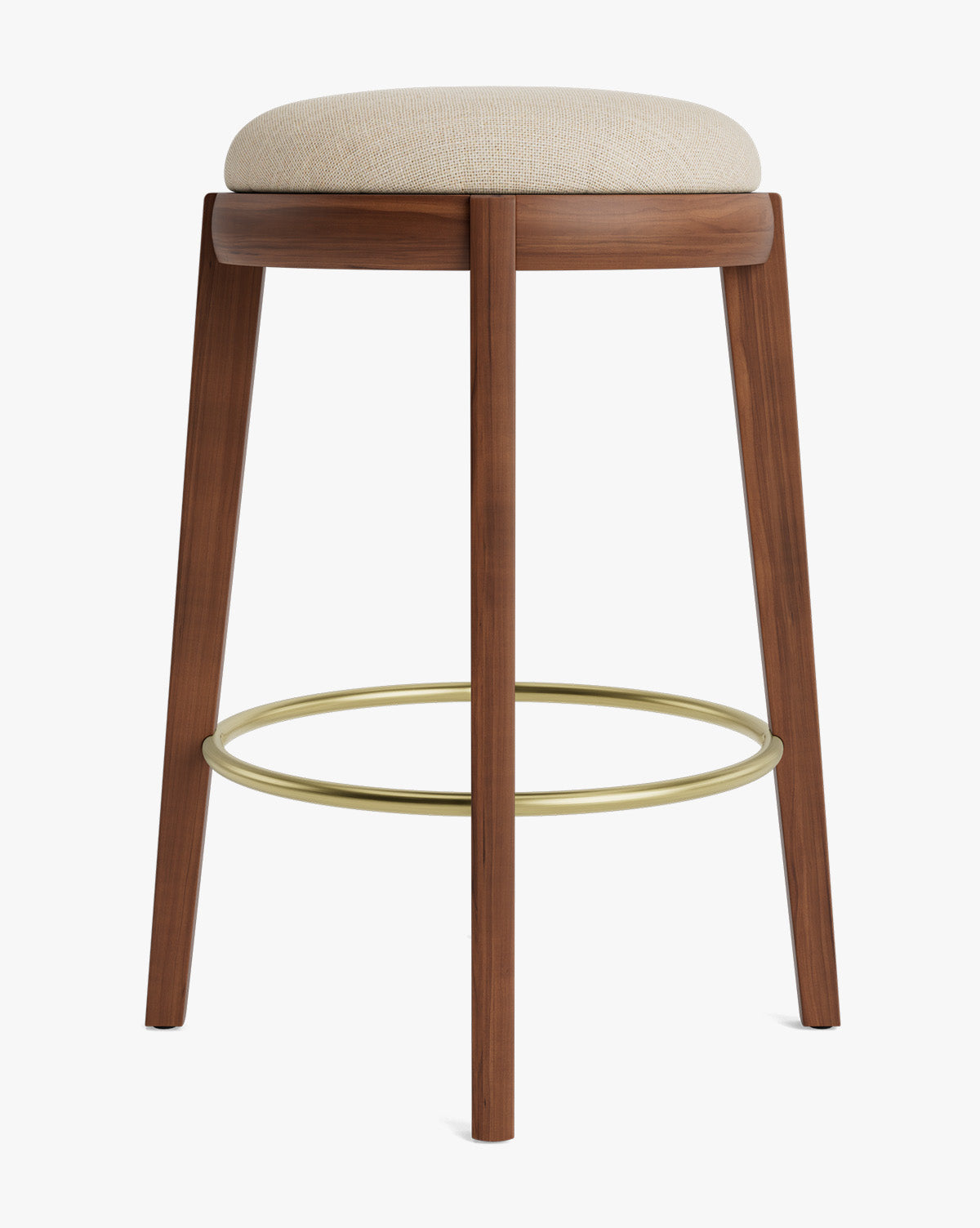 Tabouret de comptoir en bois chaud et cuir avec assise arrondie et repose-pieds en laiton pour salle à manger
