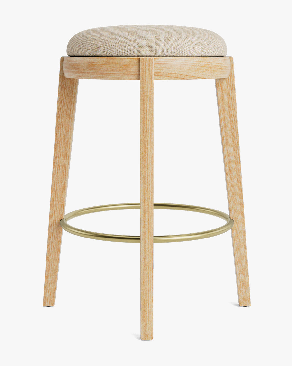 Tabouret de comptoir en bois chaud et cuir avec assise arrondie et repose-pieds en laiton pour salle à manger
