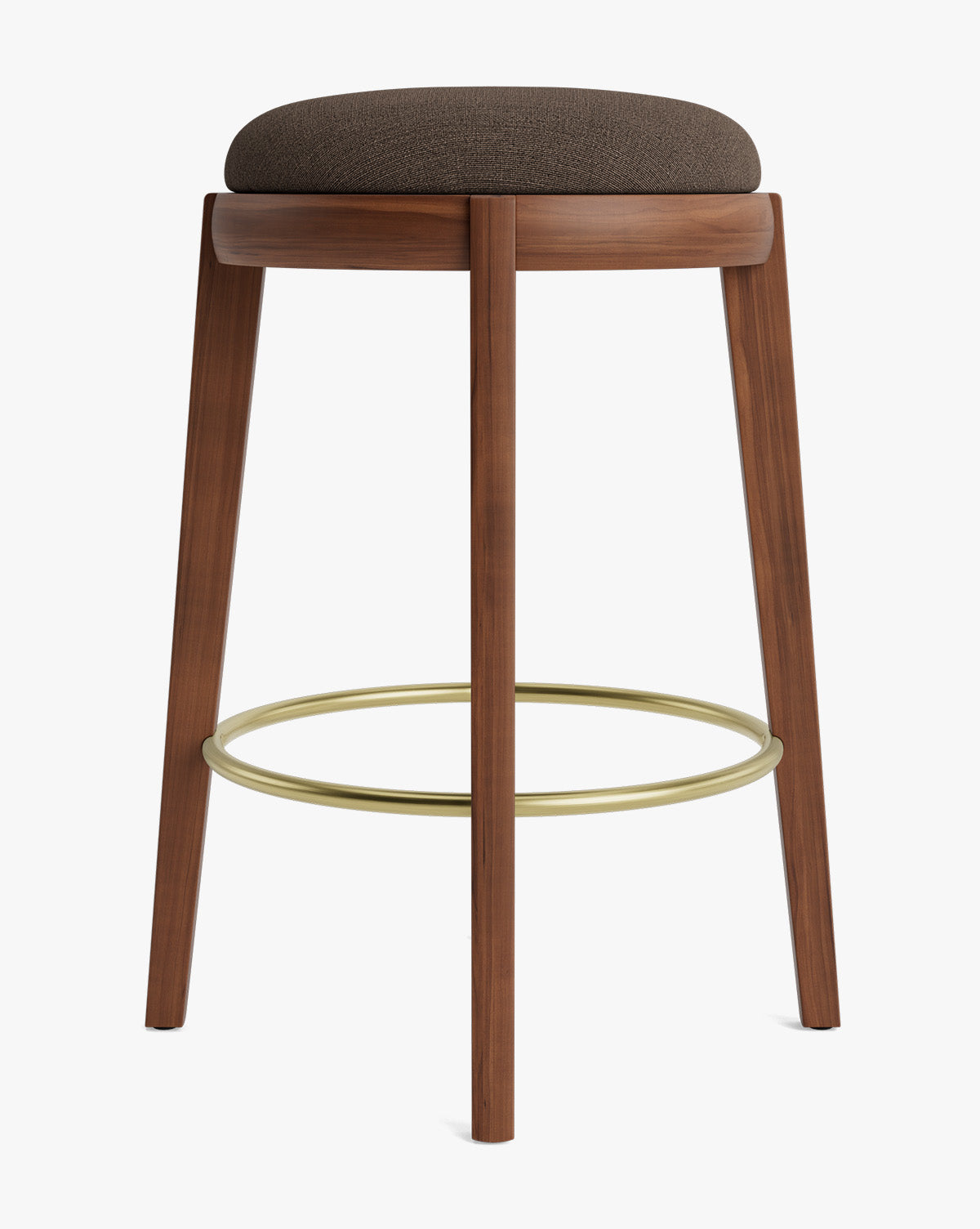Tabouret de comptoir en bois chaud et cuir avec assise arrondie et repose-pieds en laiton pour salle à manger