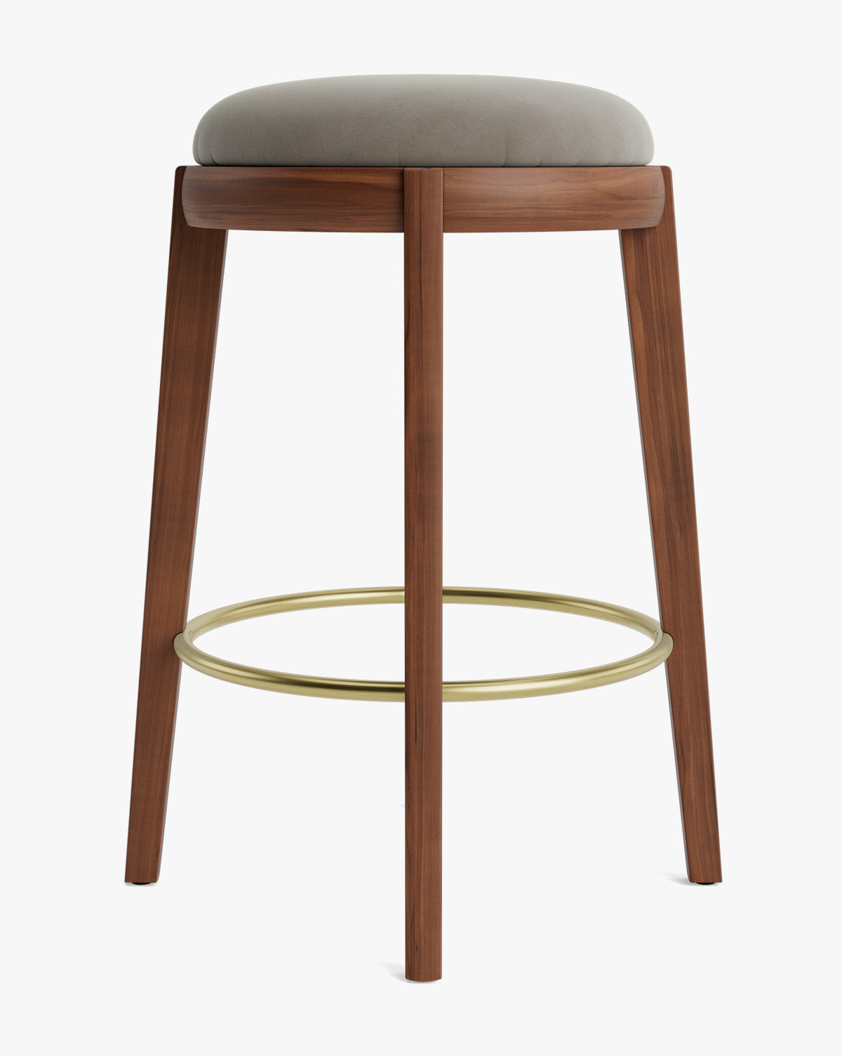 Tabouret de comptoir en bois chaud et cuir avec assise arrondie et repose-pieds en laiton pour salle à manger
