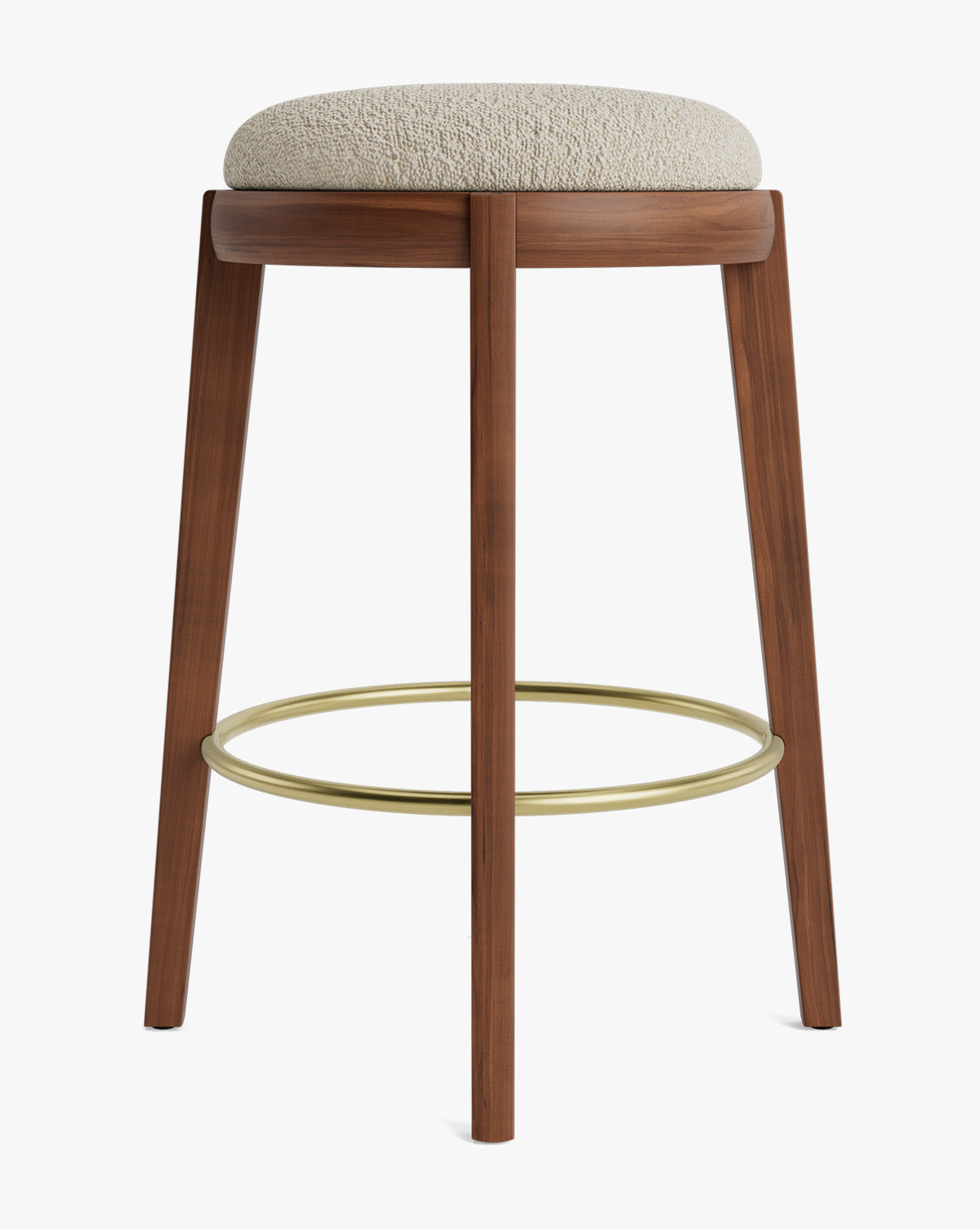 Tabouret de comptoir en bois chaud et cuir avec assise arrondie et repose-pieds en laiton pour salle à manger
