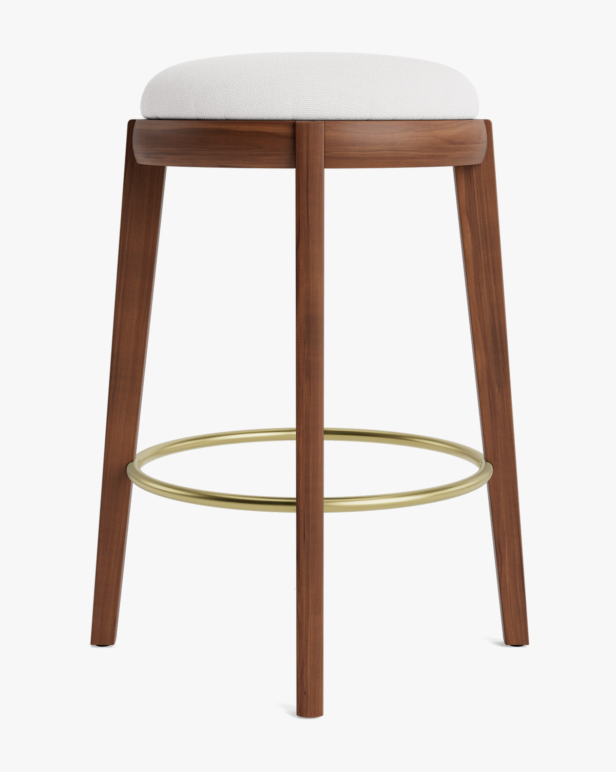 Tabouret de comptoir en bois chaud et cuir avec assise arrondie et repose-pieds en laiton pour salle à manger