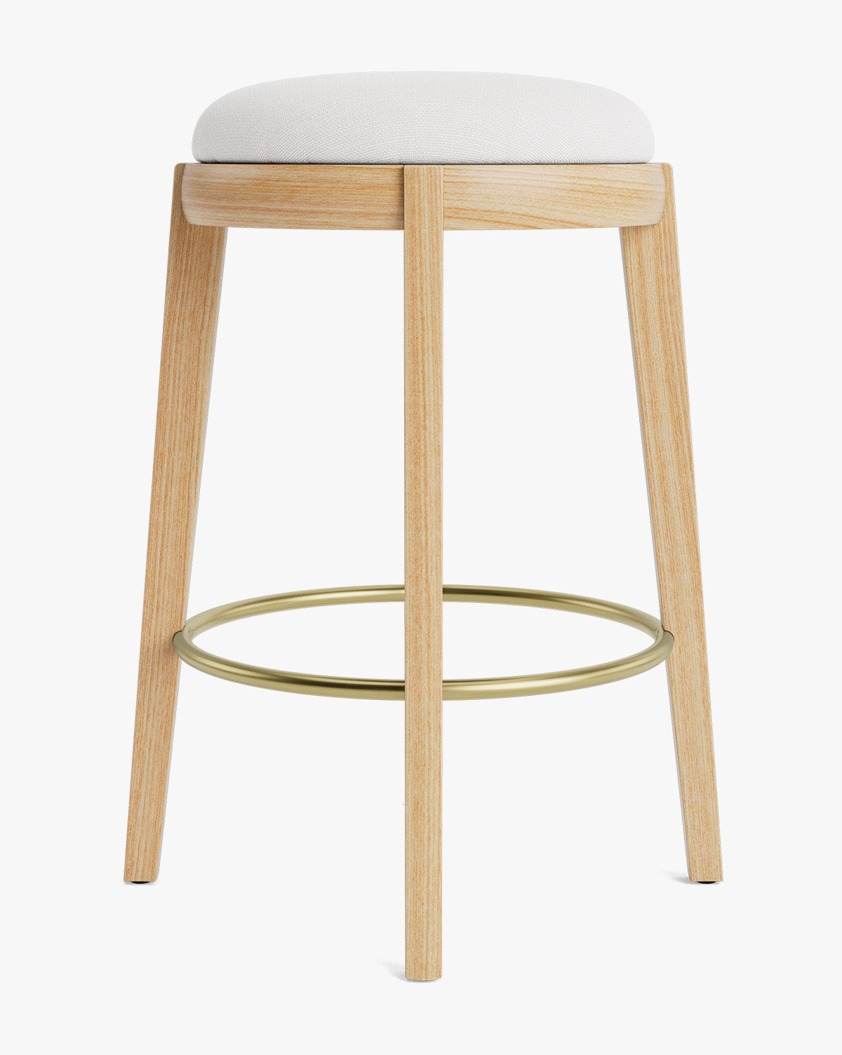 Tabouret de comptoir en bois chaud et cuir avec assise arrondie et repose-pieds en laiton pour salle à manger