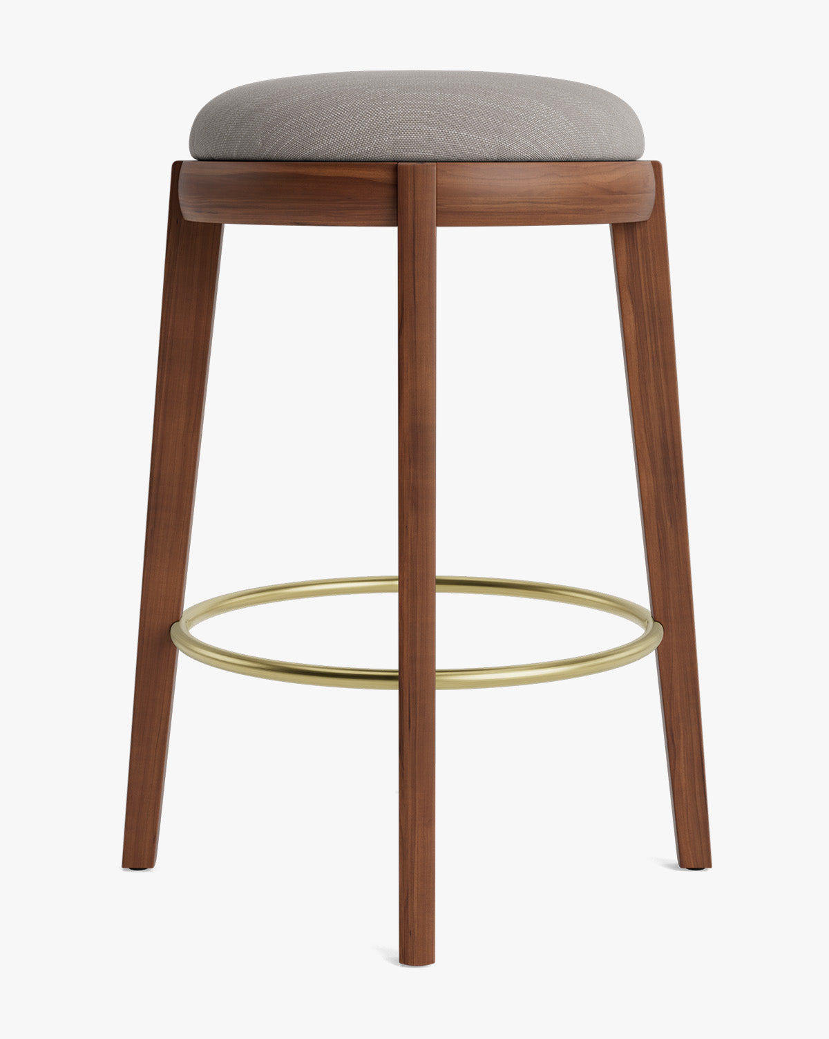 Tabouret de comptoir en bois chaud et cuir avec assise arrondie et repose-pieds en laiton pour salle à manger