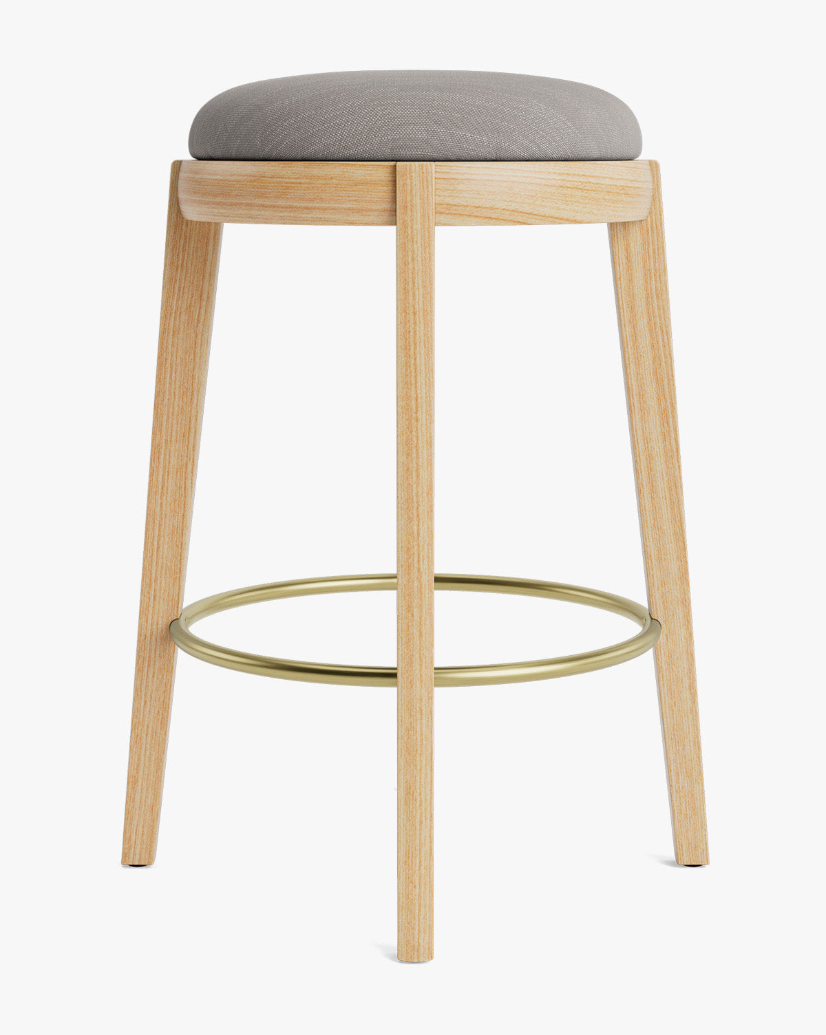 Tabouret de comptoir en bois chaud et cuir avec assise arrondie et repose-pieds en laiton pour salle à manger
