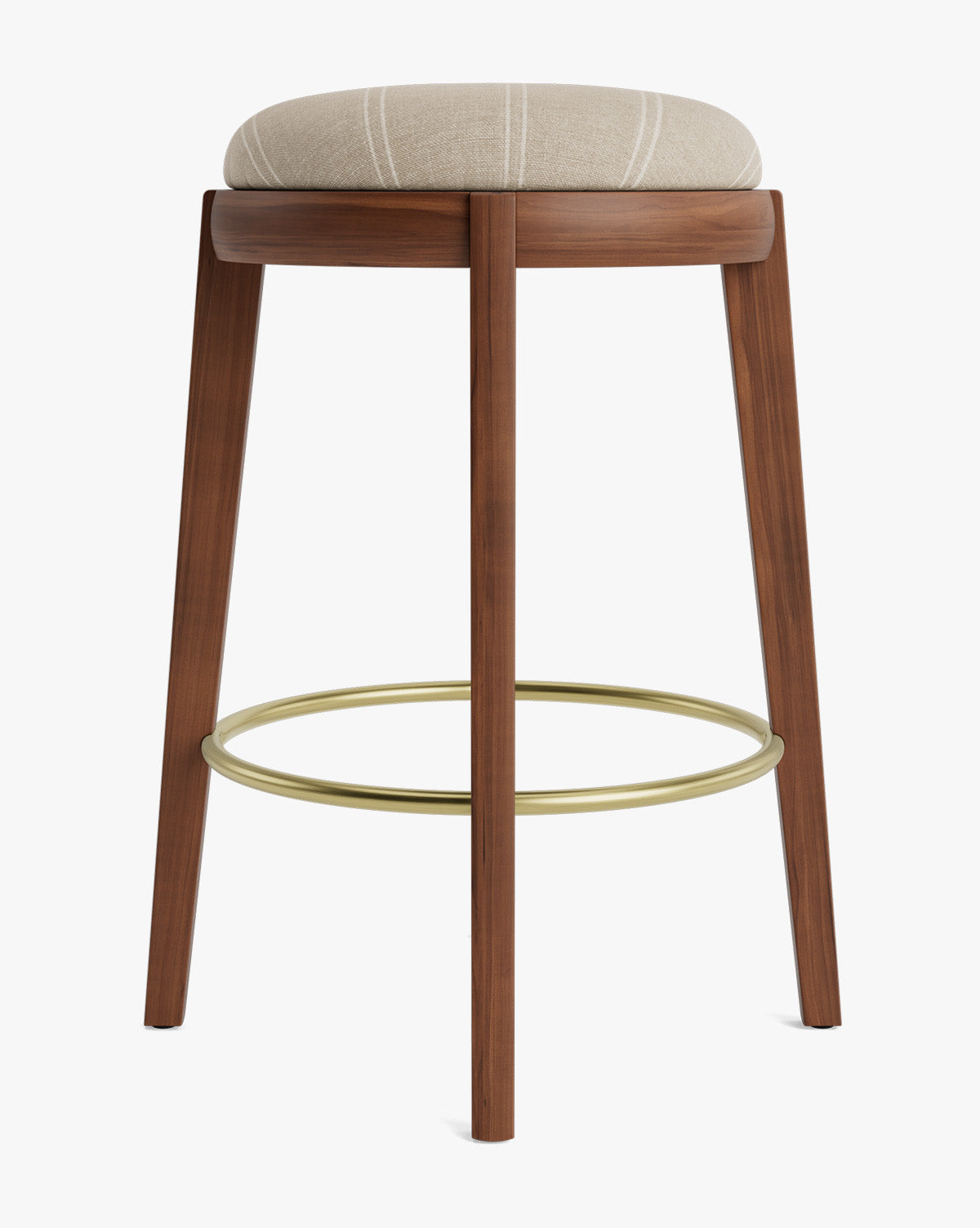 Tabouret de comptoir en bois chaud et cuir avec assise arrondie et repose-pieds en laiton pour salle à manger
