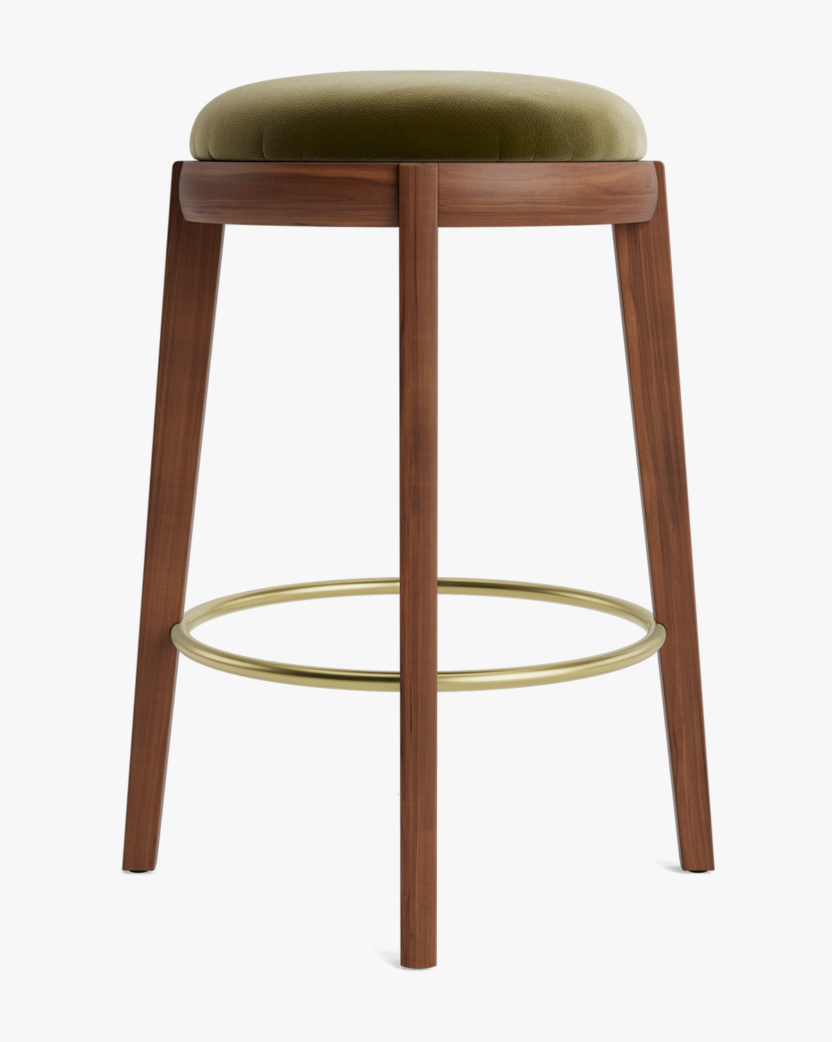 Tabouret de comptoir en bois chaud et cuir avec assise arrondie et repose-pieds en laiton pour salle à manger