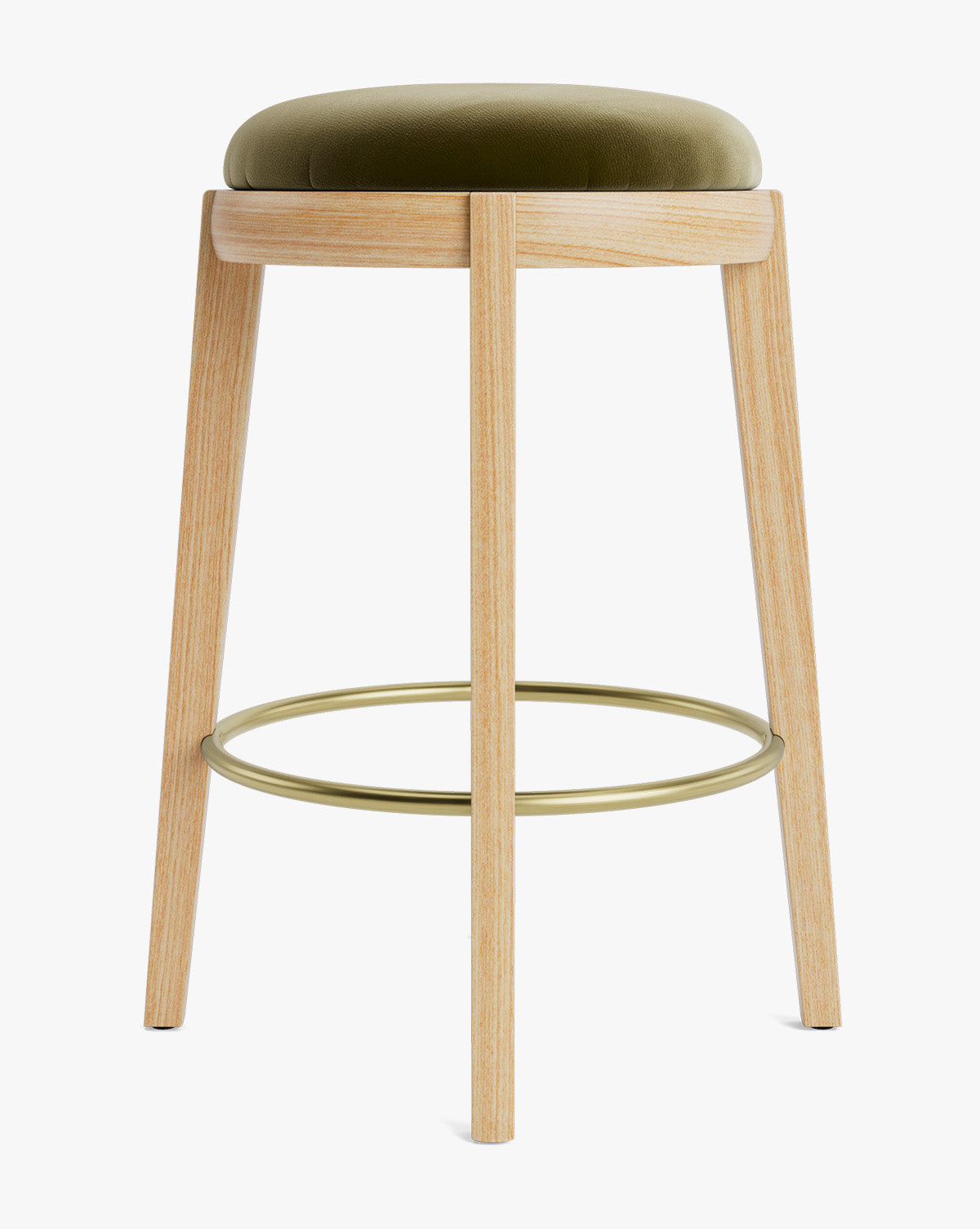 Tabouret de comptoir en bois chaud et cuir avec assise arrondie et repose-pieds en laiton pour salle à manger