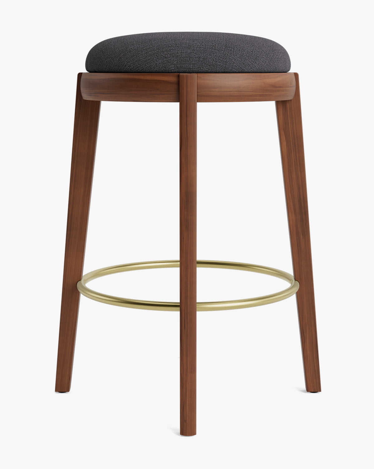 Tabouret de comptoir en bois chaud et cuir avec assise arrondie et repose-pieds en laiton pour salle à manger