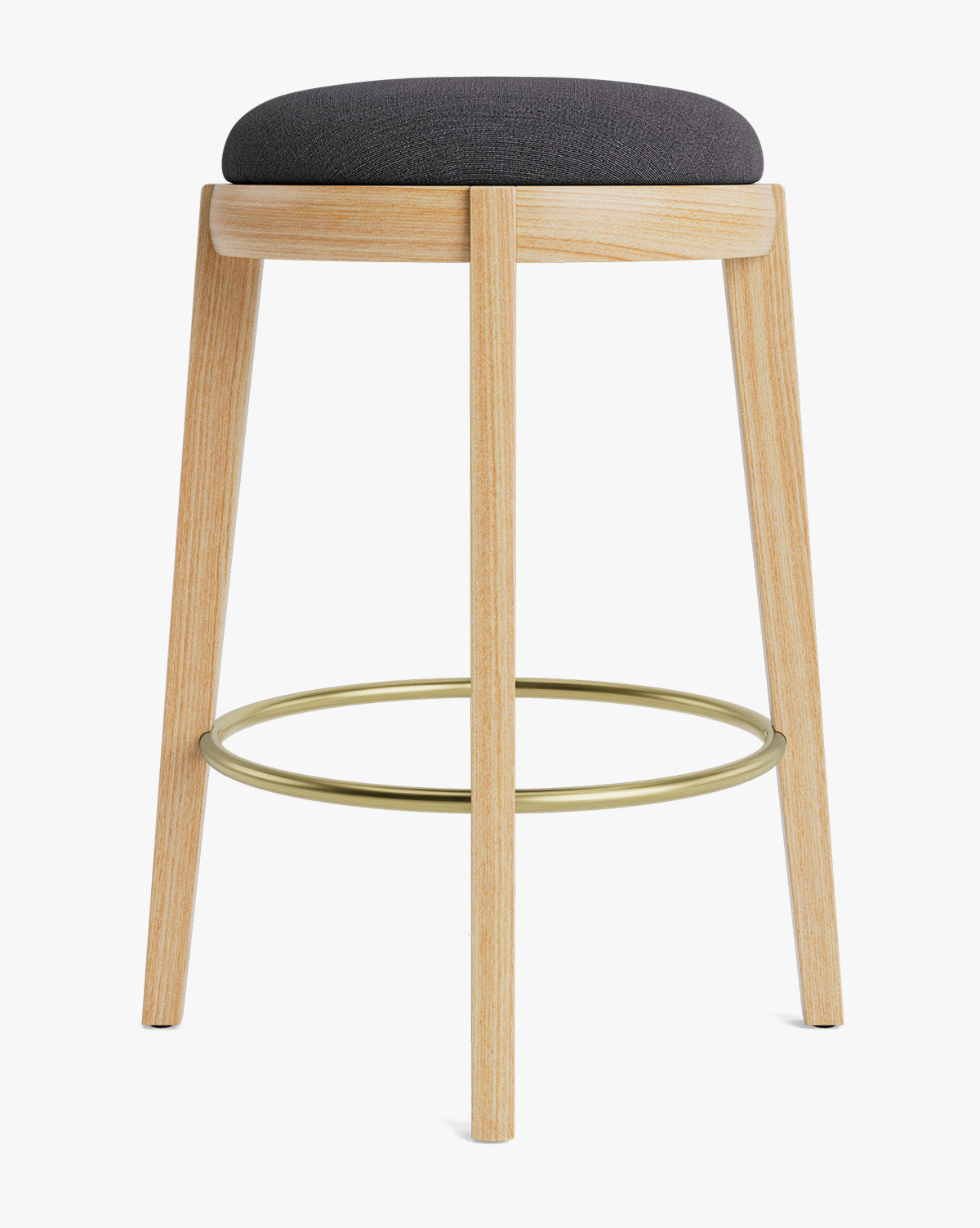 Tabouret de comptoir en bois chaud et cuir avec assise arrondie et repose-pieds en laiton pour salle à manger