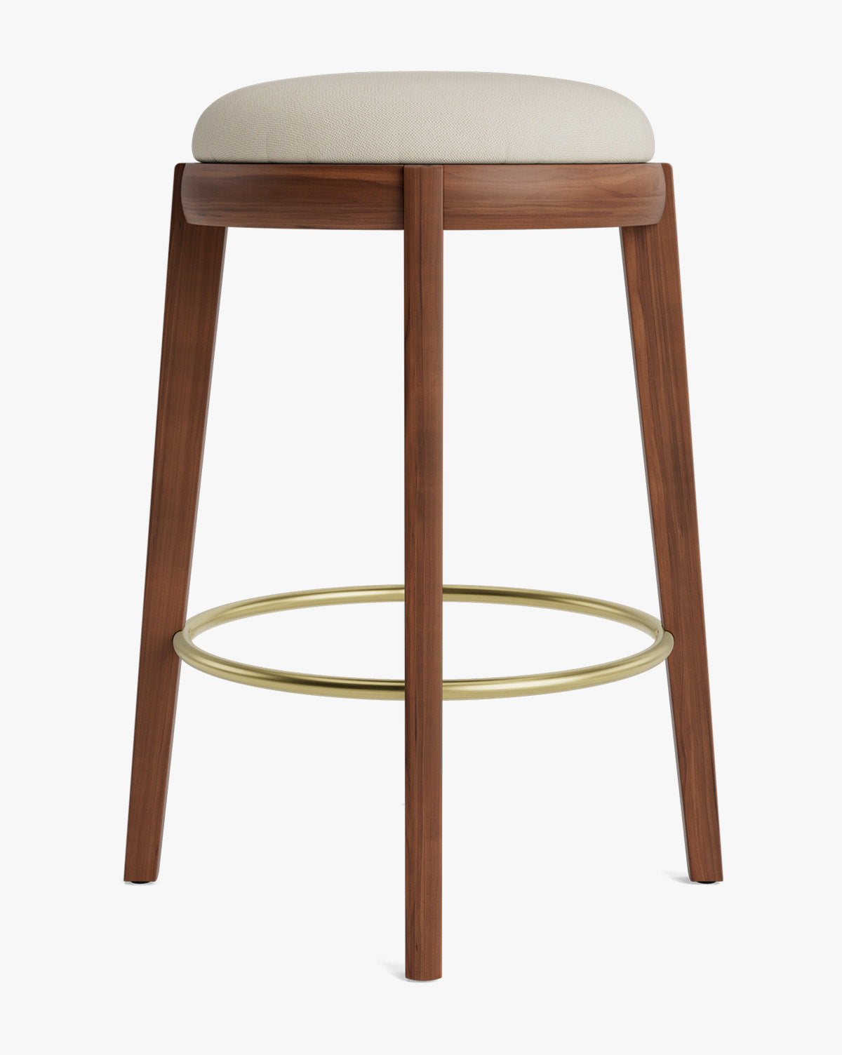 Tabouret de comptoir en bois chaud et cuir avec assise arrondie et repose-pieds en laiton pour salle à manger