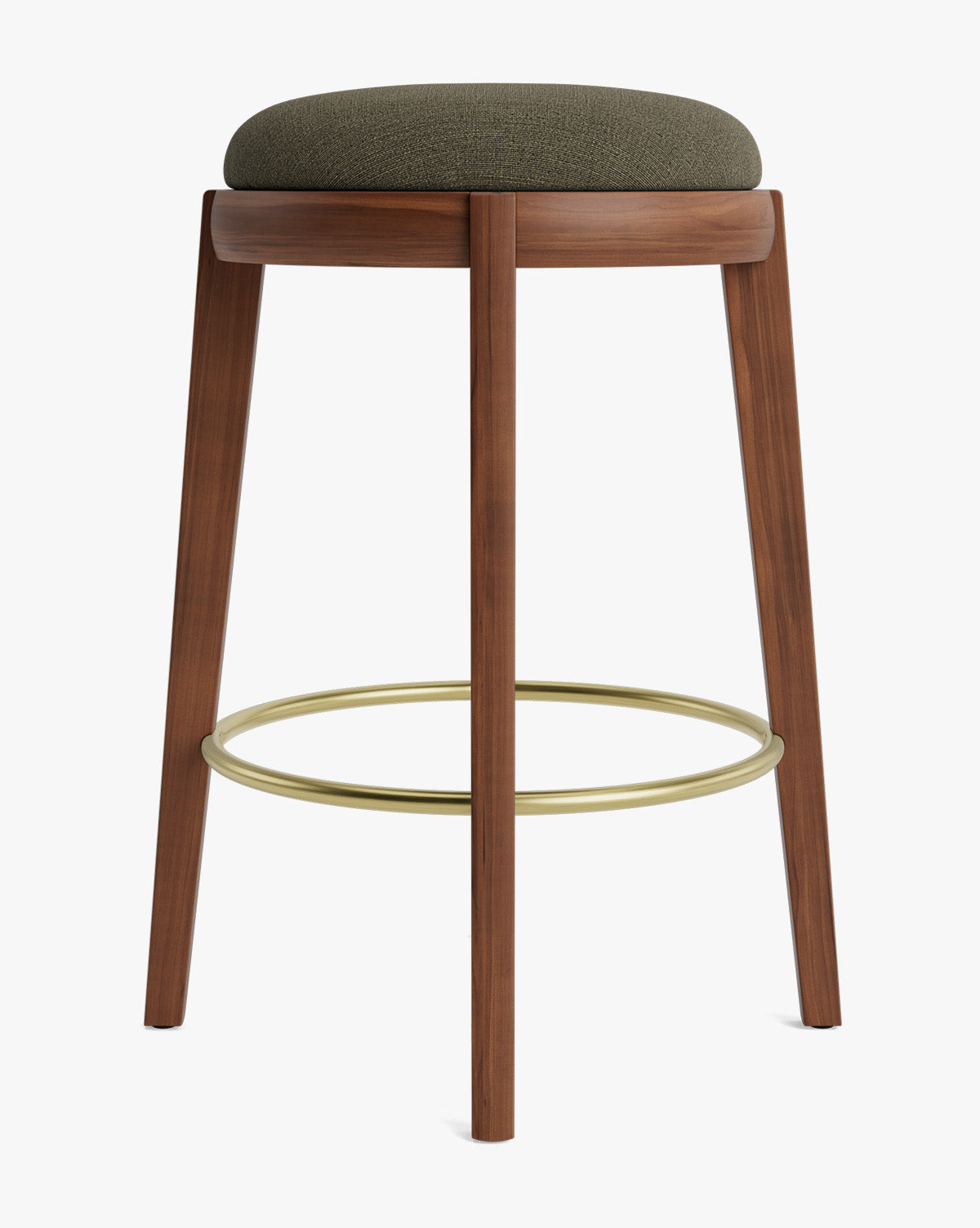 Tabouret de comptoir en bois chaud et cuir avec assise arrondie et repose-pieds en laiton pour salle à manger