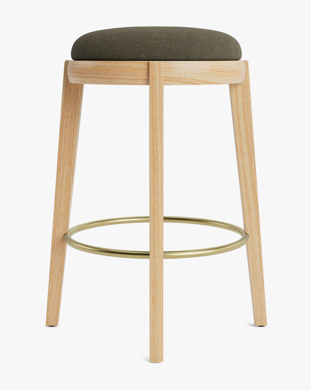 Tabouret de comptoir en bois chaud et cuir avec assise arrondie et repose-pieds en laiton pour salle à manger