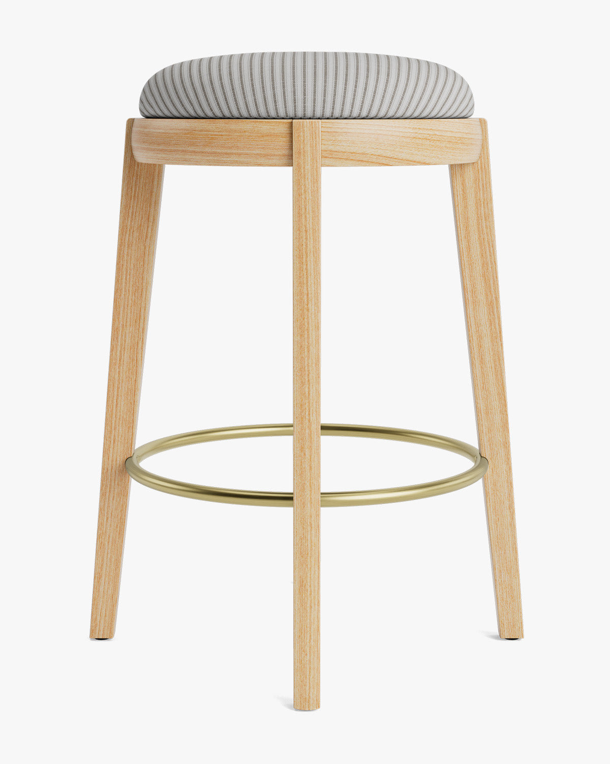 Tabouret de comptoir en bois chaud et cuir avec assise arrondie et repose-pieds en laiton pour salle à manger