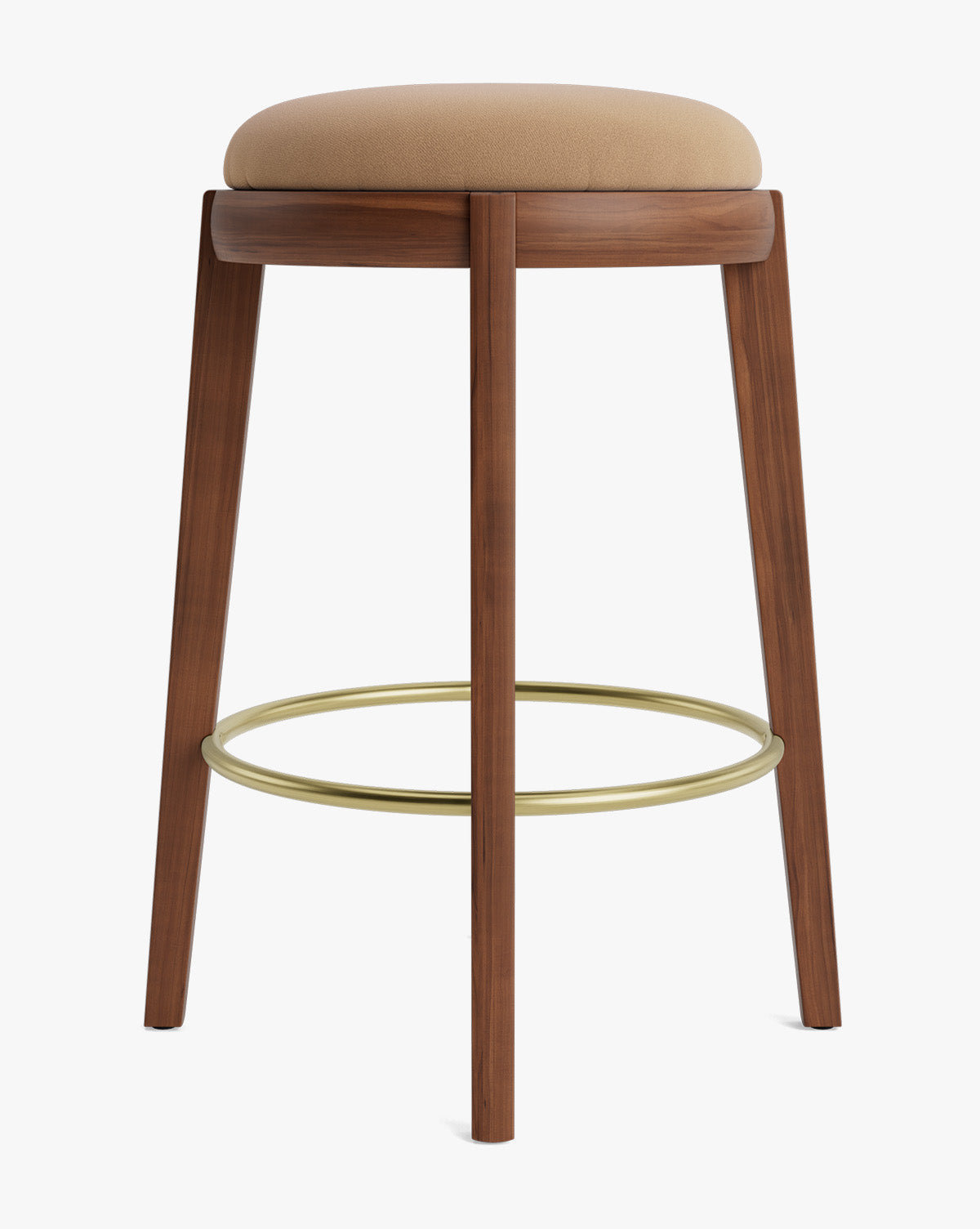 Tabouret de comptoir en bois chaud et cuir avec assise arrondie et repose-pieds en laiton pour salle à manger