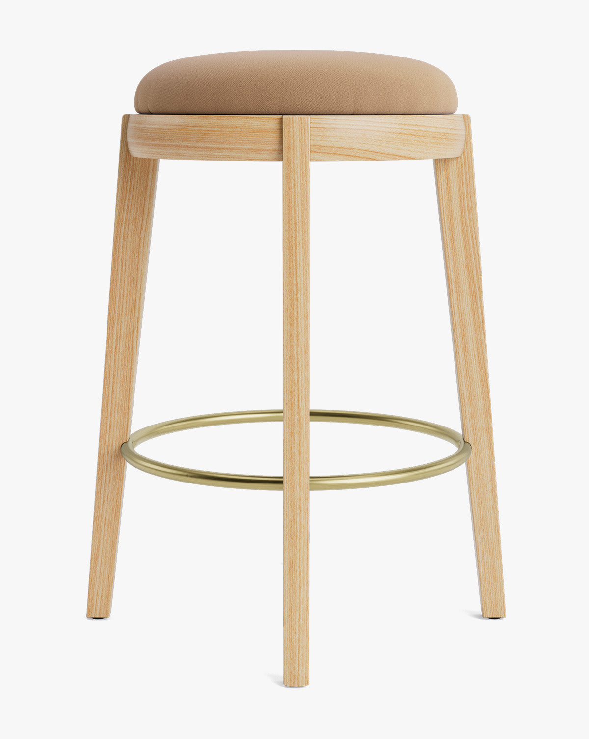 Tabouret de comptoir en bois chaud et cuir avec assise arrondie et repose-pieds en laiton pour salle à manger