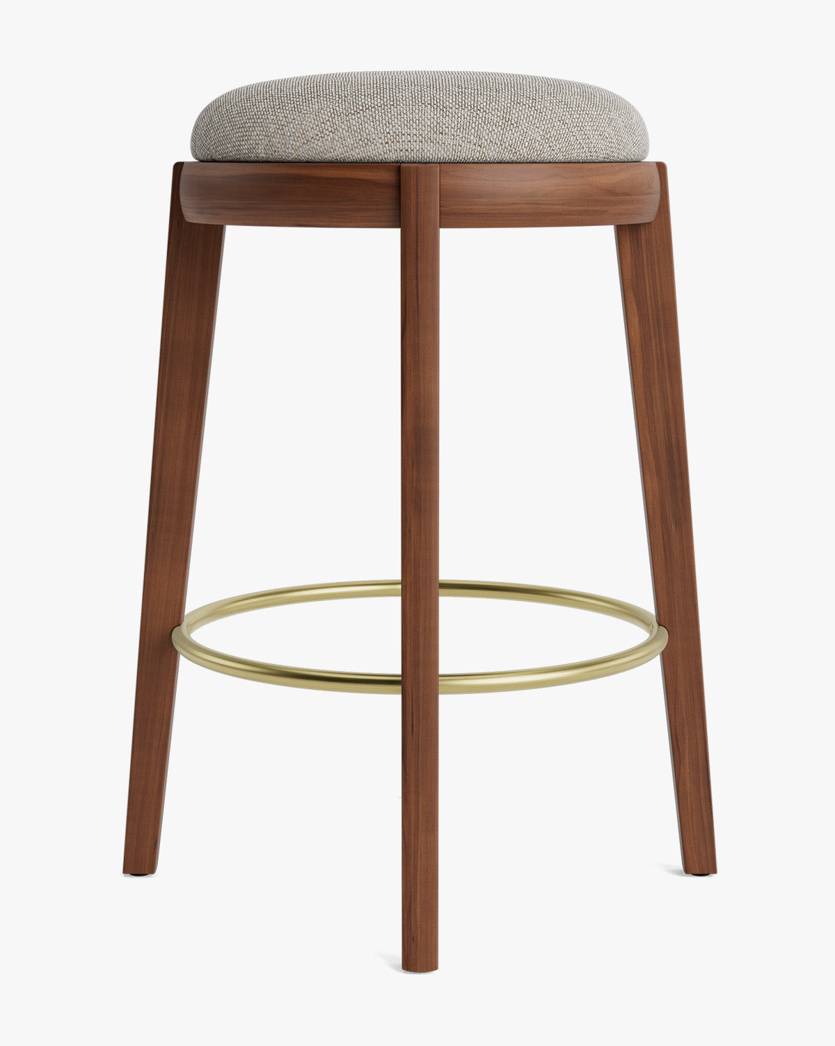Tabouret de comptoir en bois chaud et cuir avec assise arrondie et repose-pieds en laiton pour salle à manger