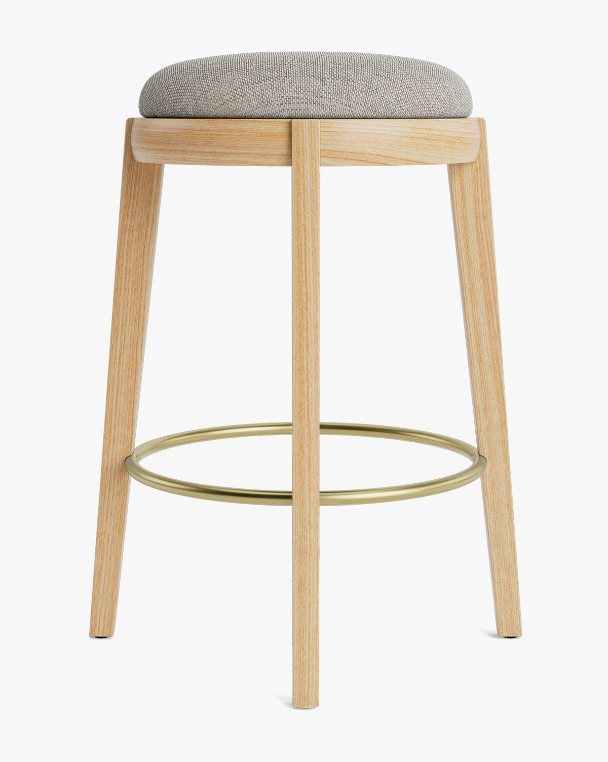 Tabouret de comptoir en bois chaud et cuir avec assise arrondie et repose-pieds en laiton pour salle à manger