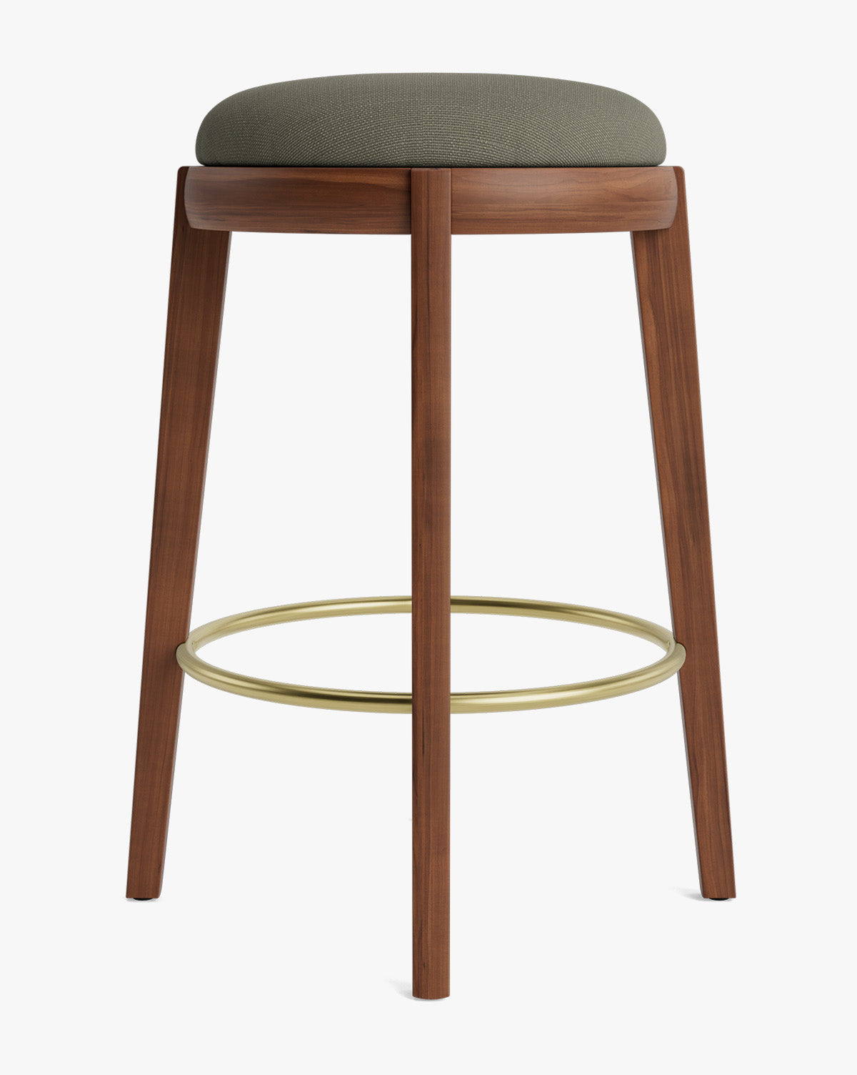 Tabouret de comptoir en bois chaud et cuir avec assise arrondie et repose-pieds en laiton pour salle à manger
