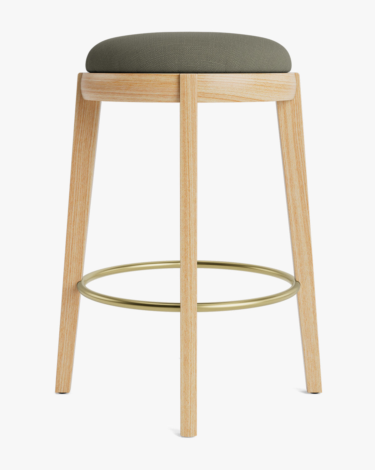 Tabouret de comptoir en bois chaud et cuir avec assise arrondie et repose-pieds en laiton pour salle à manger