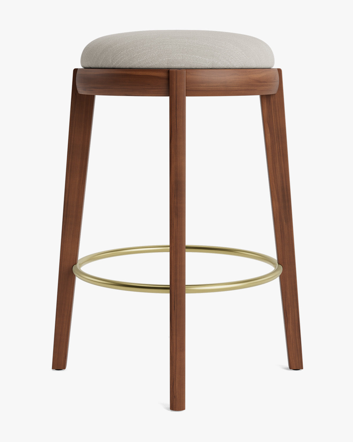 Tabouret de comptoir en bois chaud et cuir avec assise arrondie et repose-pieds en laiton pour salle à manger