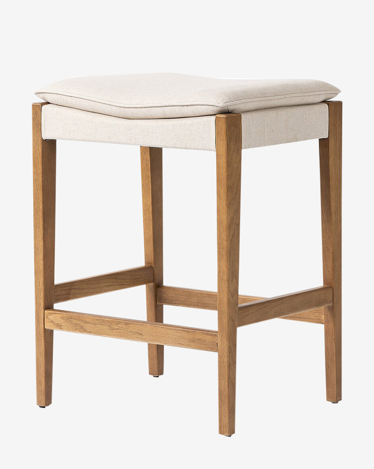 Tabouret de comptoir moderne en chêne massif avec assise en tissu performance neutre pour salle à manger