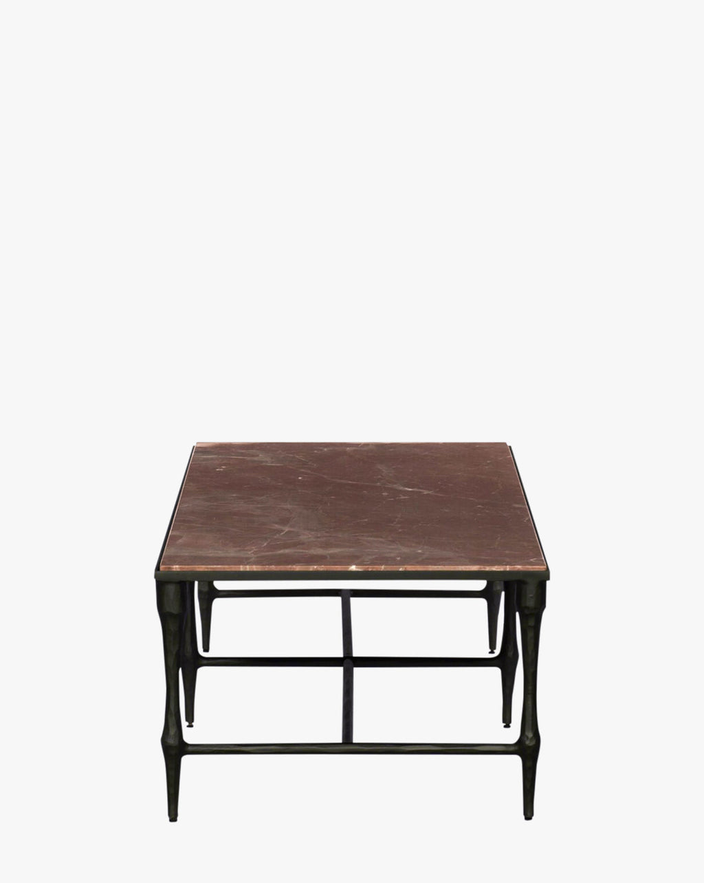 Table basse moderne en marbre et bois massif, finition fumée et détails en fer pour salon