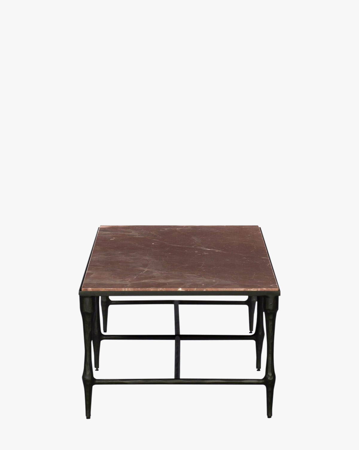 Table basse moderne en marbre et bois massif, finition fumée et détails en fer pour salon