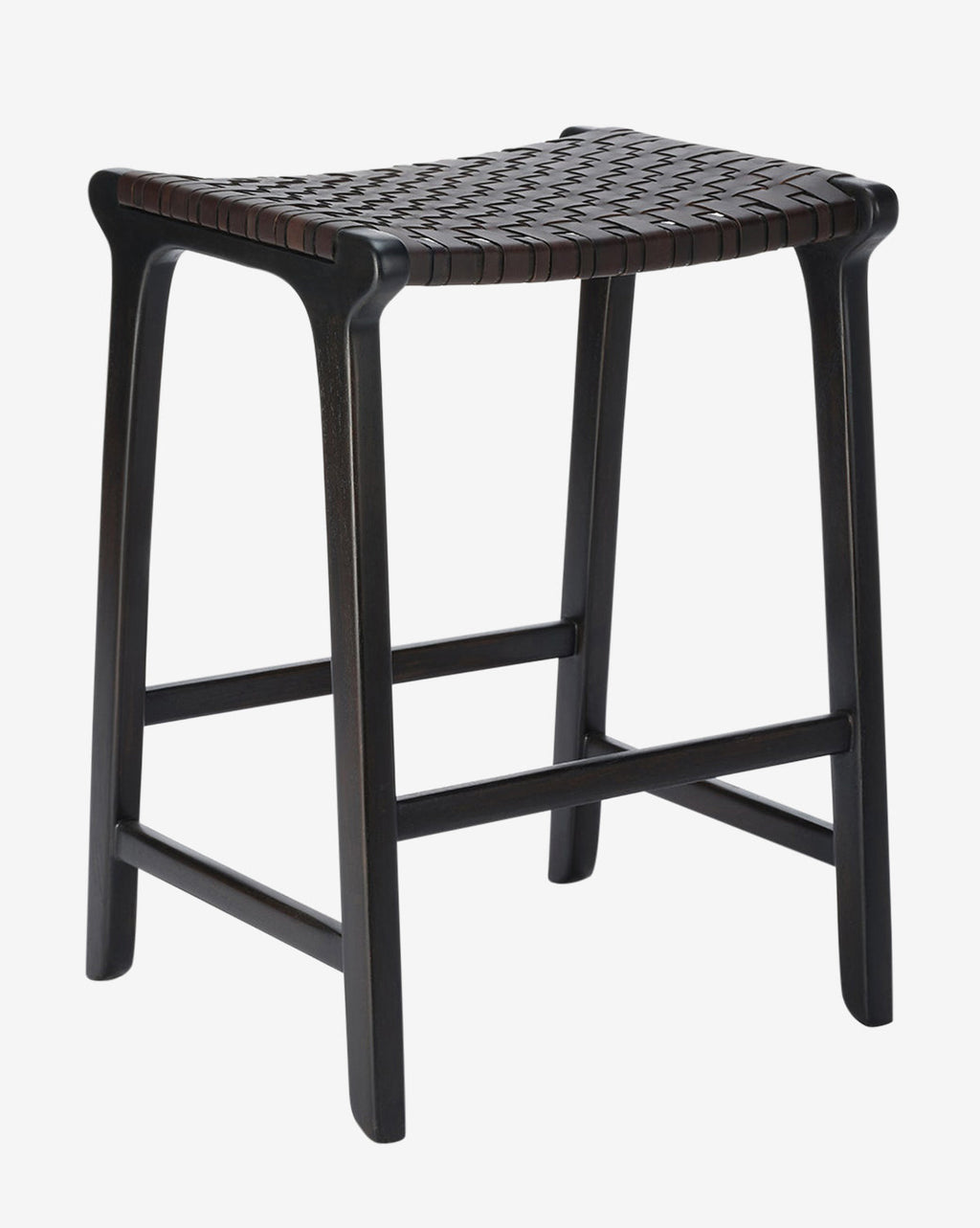 Tabouret de comptoir en teck foncé et cuir pleine fleur pour salle à manger, style contemporain