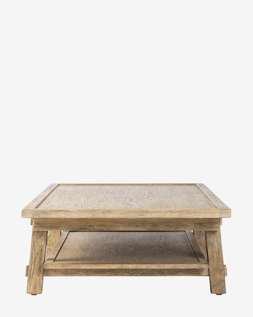 Table basse en chêne blanc rustique avec finition vieillie et structure de style ferme pour salon