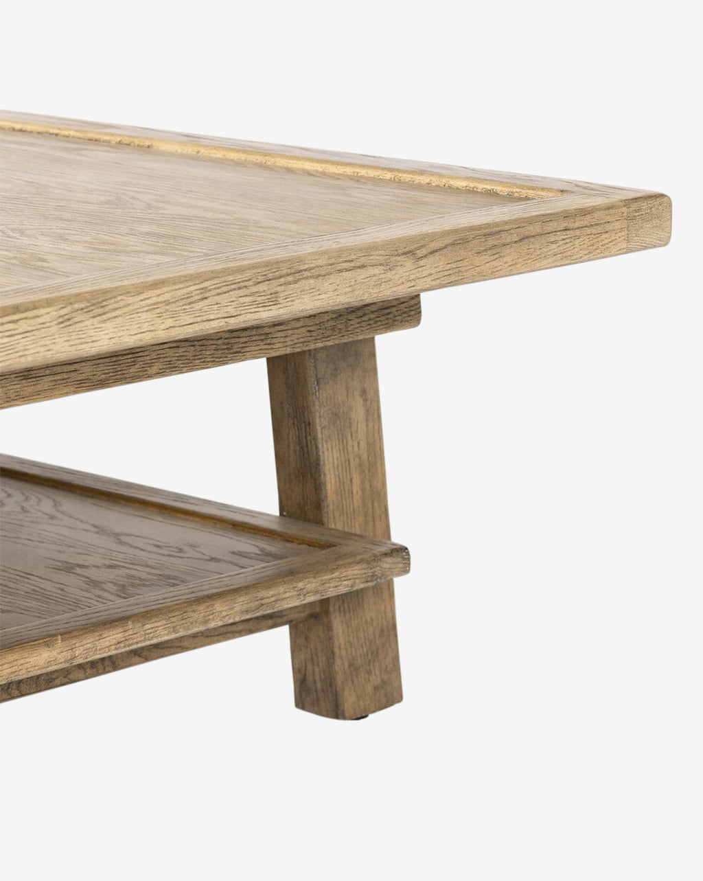Table basse en chêne blanc rustique avec finition vieillie et structure de style ferme pour salon