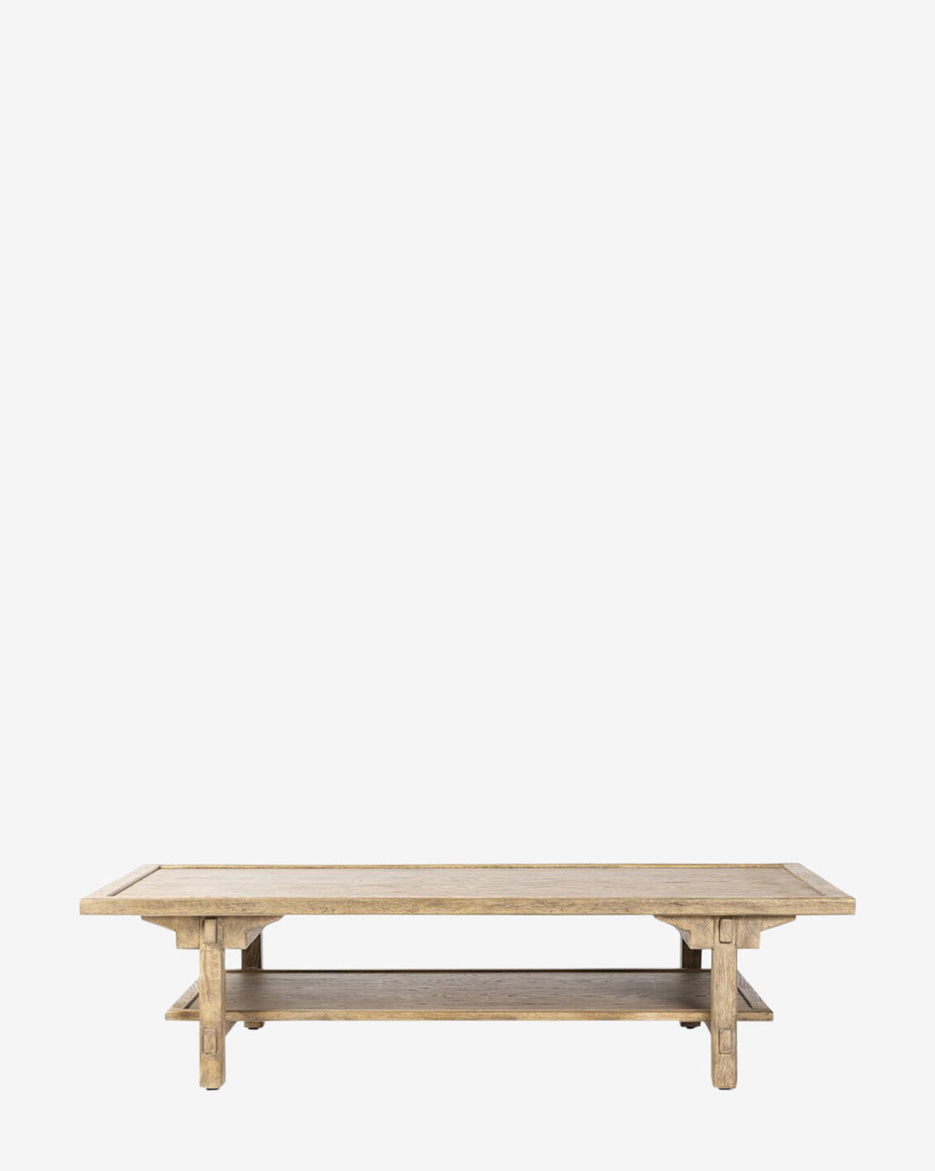 Table basse en chêne blanc rustique avec finition vieillie et structure de style ferme pour salon