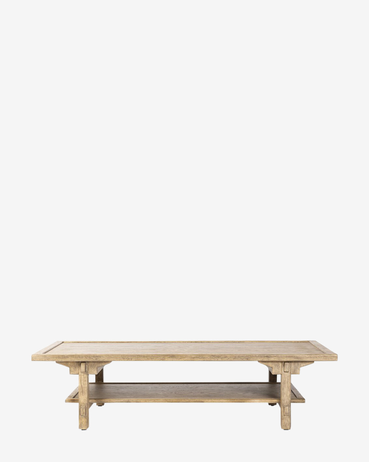 Table basse en chêne blanc rustique avec finition vieillie et structure de style ferme pour salon