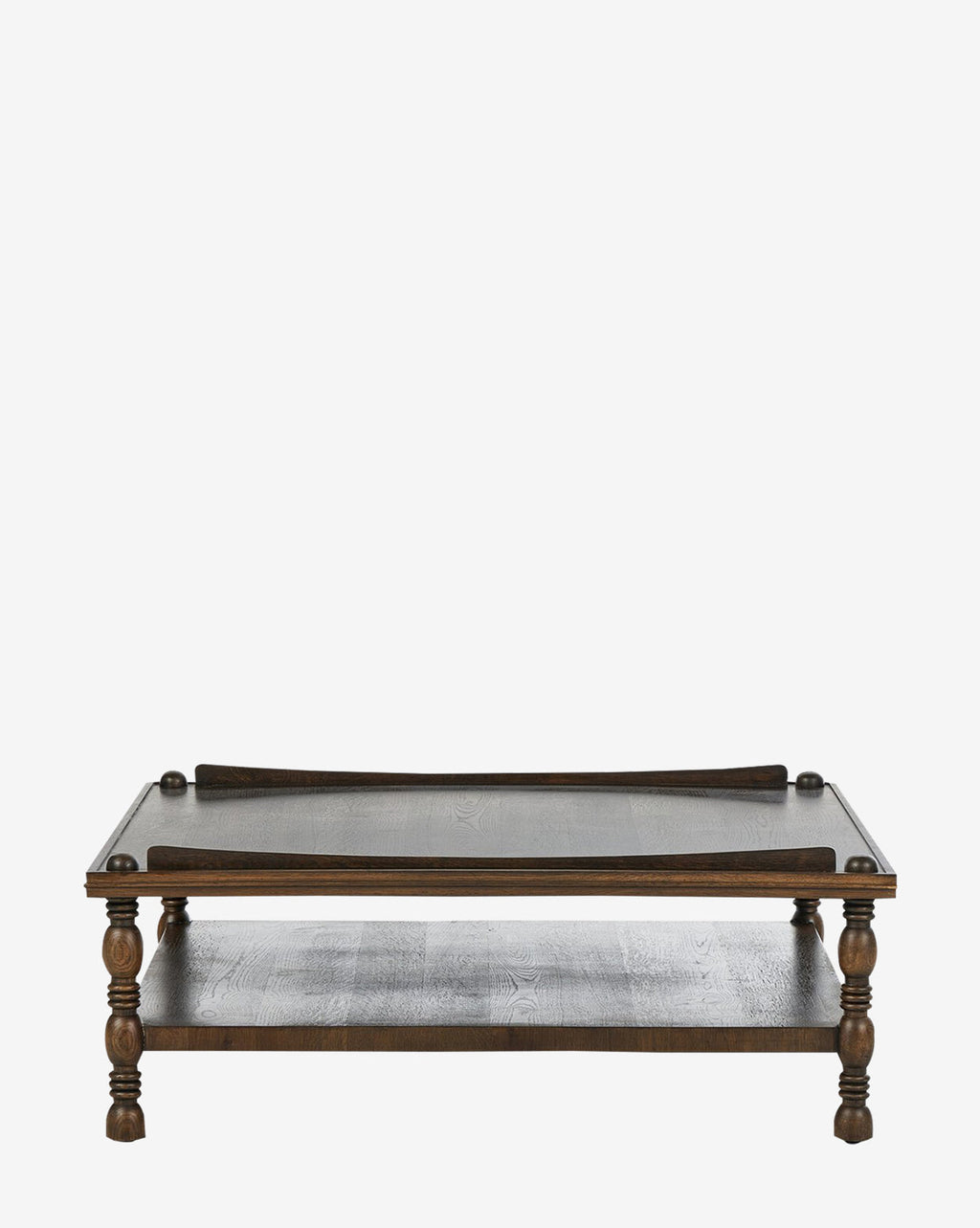 Table basse en placage de chêne d'inspiration antique avec rangement à deux niveaux pour le salon