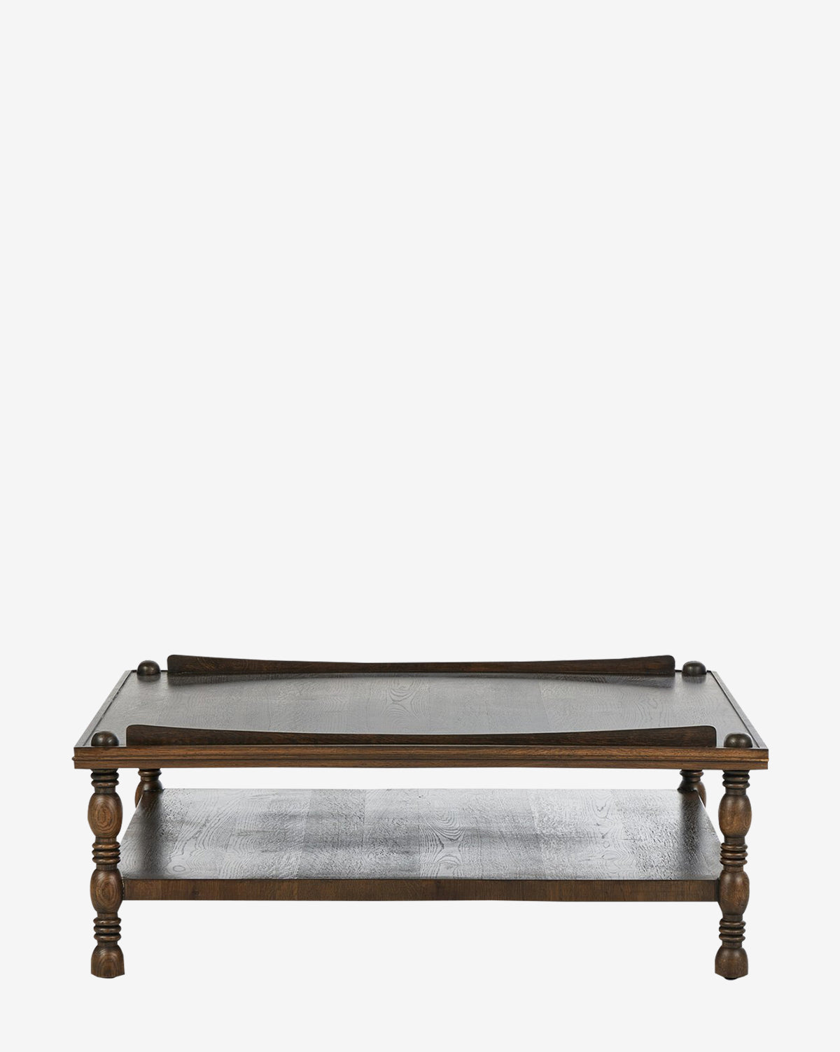 Table basse en placage de chêne d'inspiration antique avec rangement à deux niveaux pour le salon
