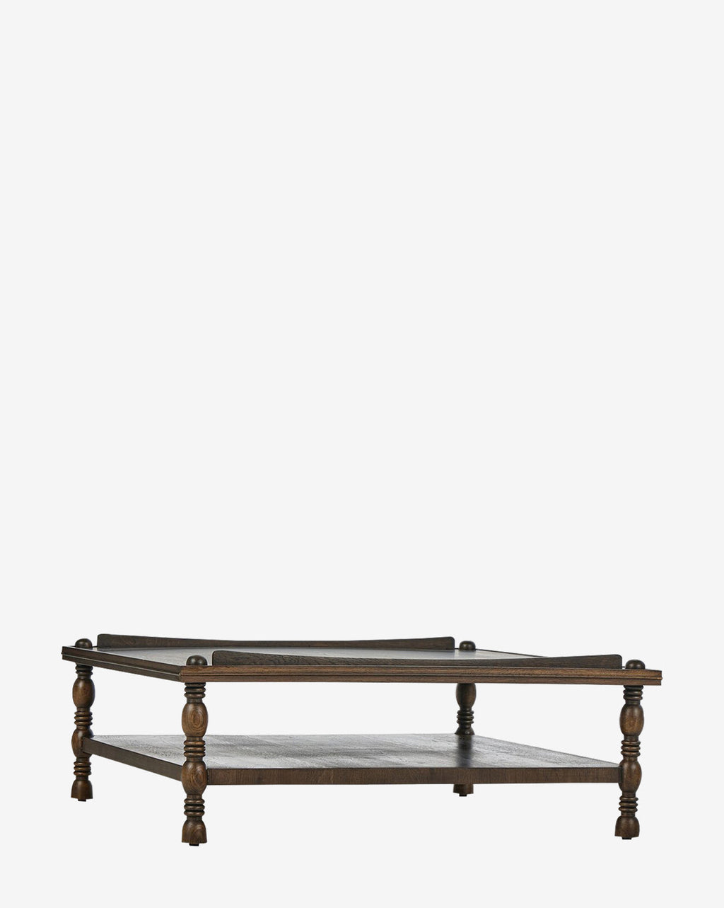 Table basse en placage de chêne d'inspiration antique avec rangement à deux niveaux pour le salon