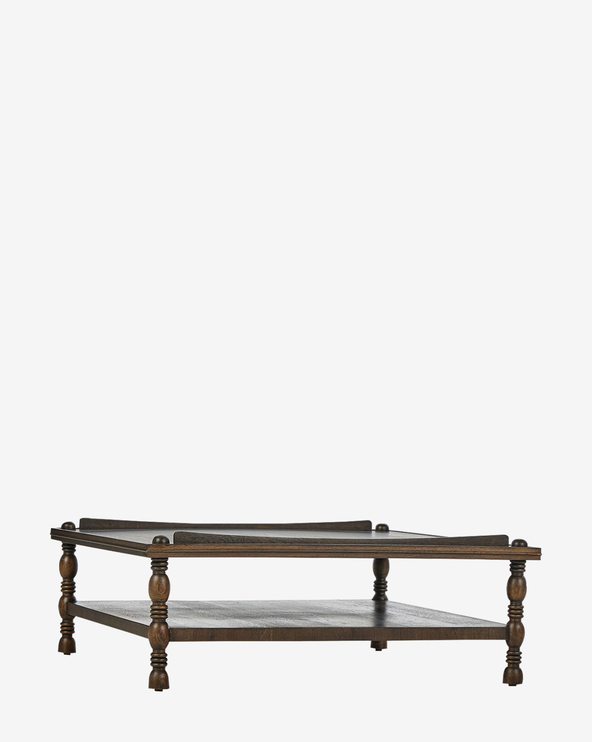 Table basse en placage de chêne d'inspiration antique avec rangement à deux niveaux pour le salon