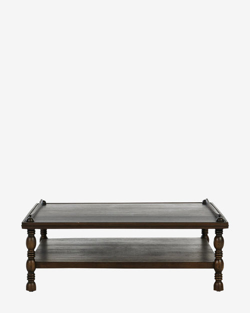 Table basse en placage de chêne d'inspiration antique avec rangement à deux niveaux pour le salon