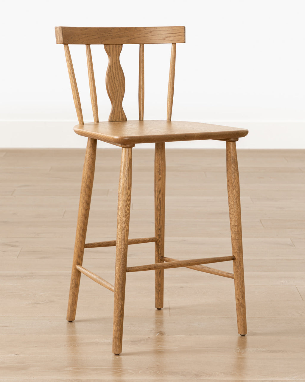 Tabouret de comptoir de ferme en chêne massif avec dossier à fuseaux pour salle à manger