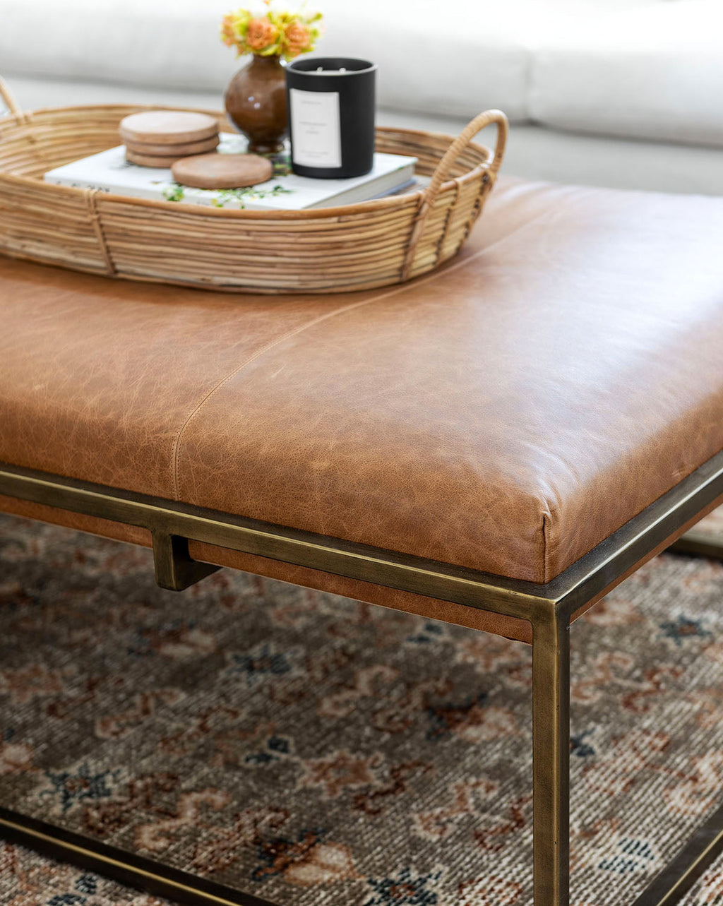Table basse de salon de luxe en cuir aniline et fer laiton au design intemporel